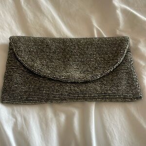 gold and black beaded clutch